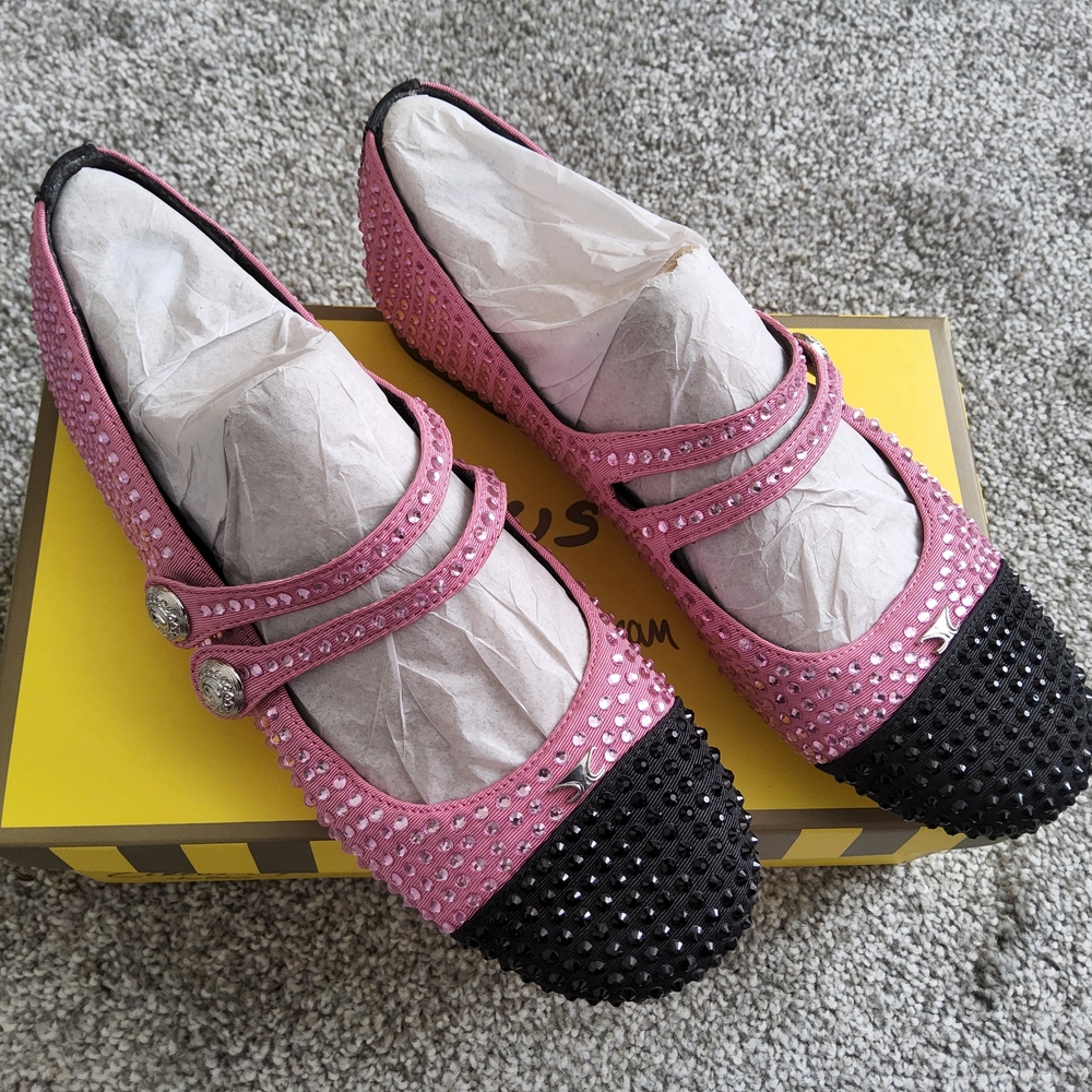 Circus NY Sam Edelman Pink and Black Mary Jane Flats with Rhinestone Detail